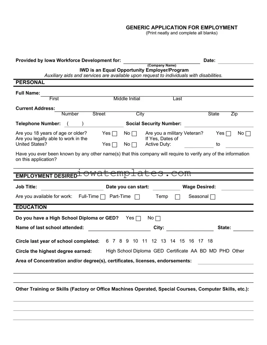Printable Iowa Application Employment Form in PDF