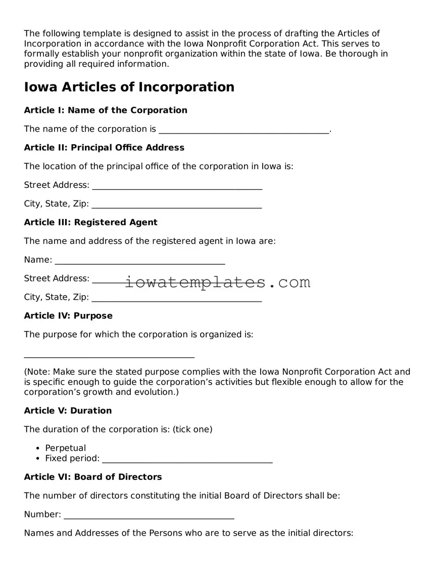 Attorney-Approved Articles of Incorporation Form for the State of Iowa