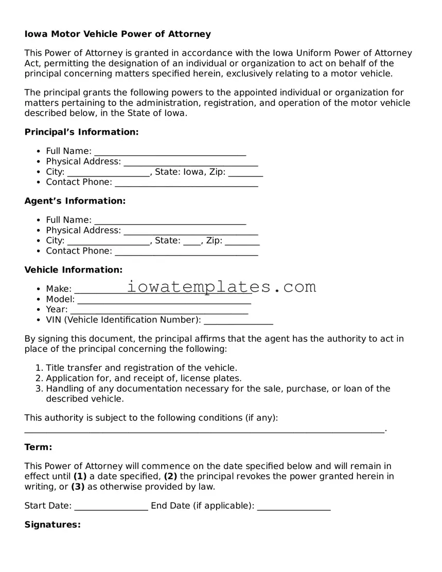 Attorney-Approved Motor Vehicle Power of Attorney Form for the State of Iowa