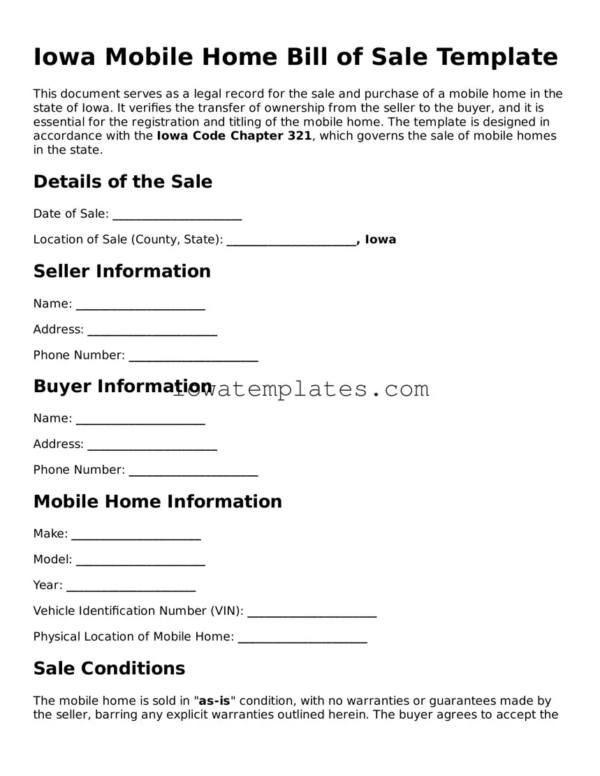Attorney-Approved Mobile Home Bill of Sale Form for the State of Iowa