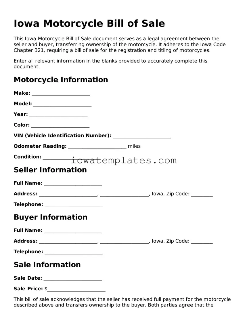 Attorney-Approved Motorcycle Bill of Sale Form for the State of Iowa