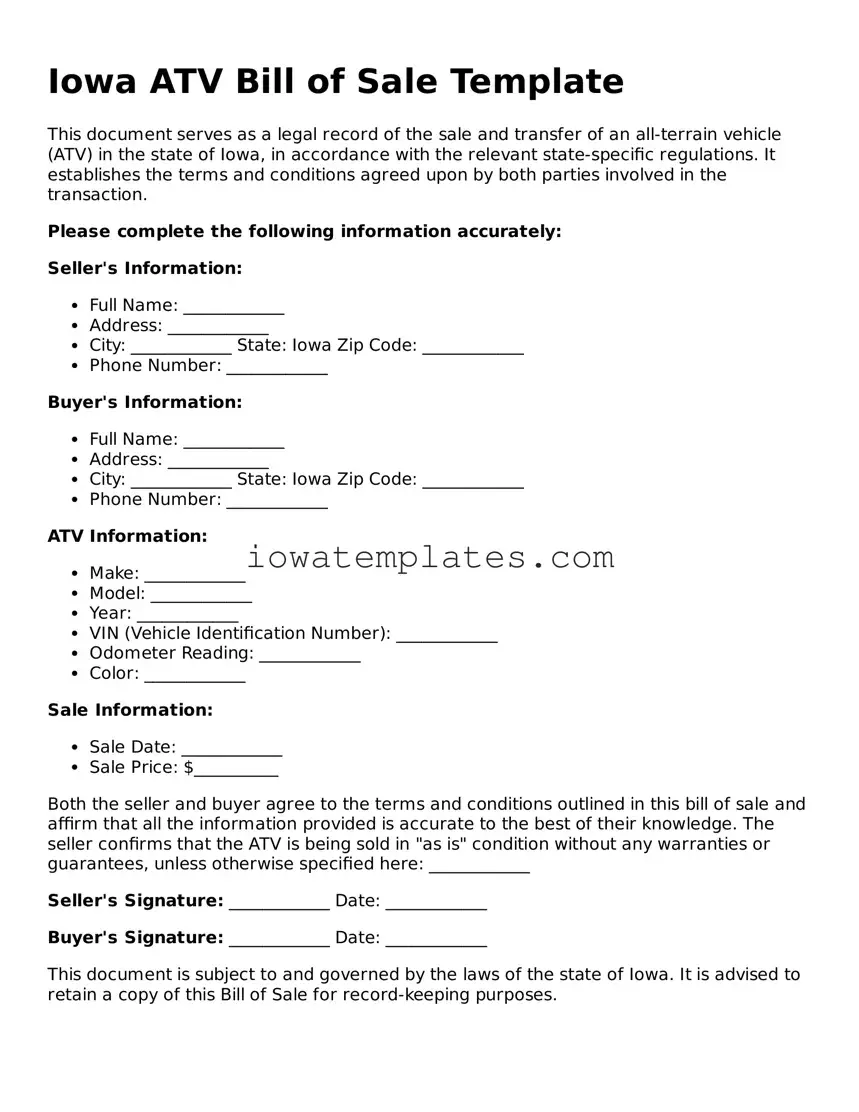 Attorney-Approved ATV Bill of Sale Form for the State of Iowa