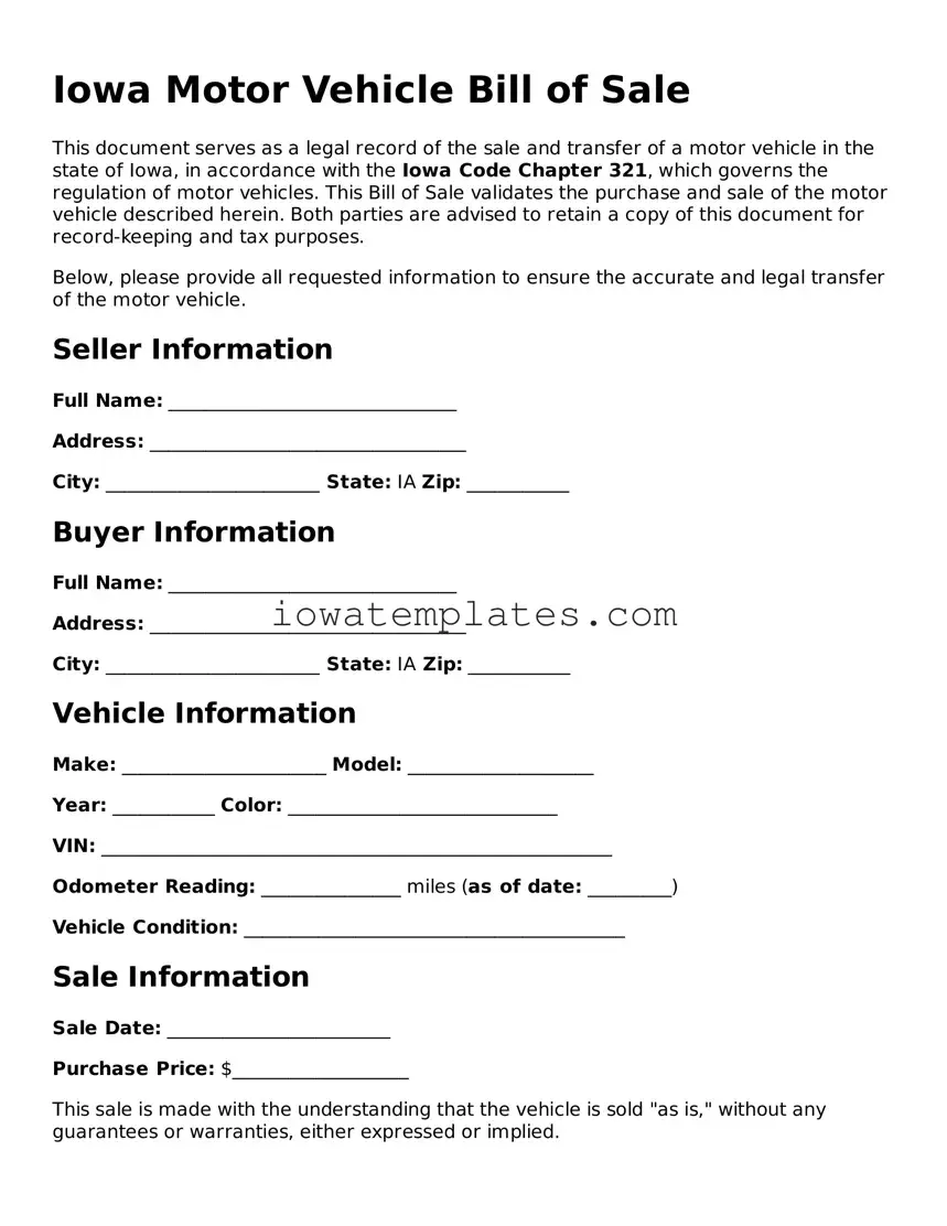 Attorney-Approved Motor Vehicle Bill of Sale Form for the State of Iowa