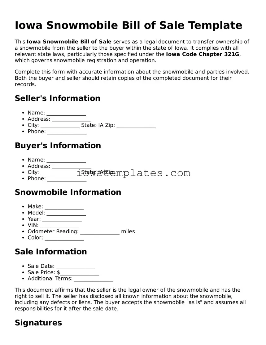 Attorney-Approved Snowmobile Bill of Sale Form for the State of Iowa