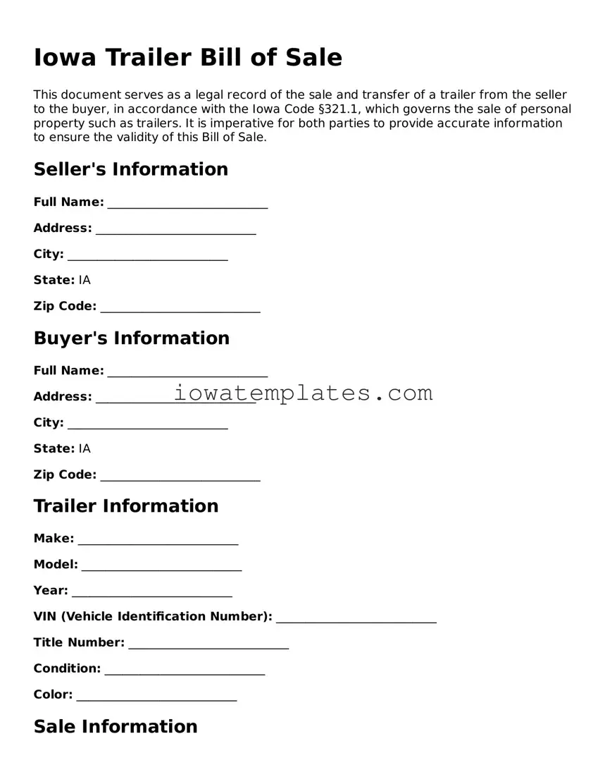 Attorney-Approved Trailer Bill of Sale Form for the State of Iowa