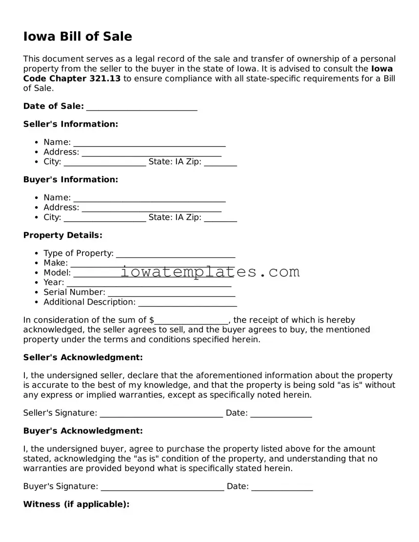 Attorney-Approved Bill of Sale Form for the State of Iowa