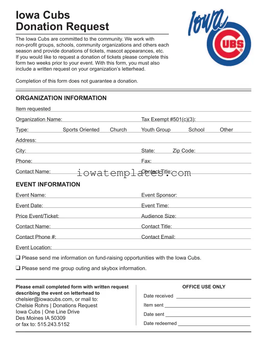 Printable Iowa Cubs Donation Request Form in PDF