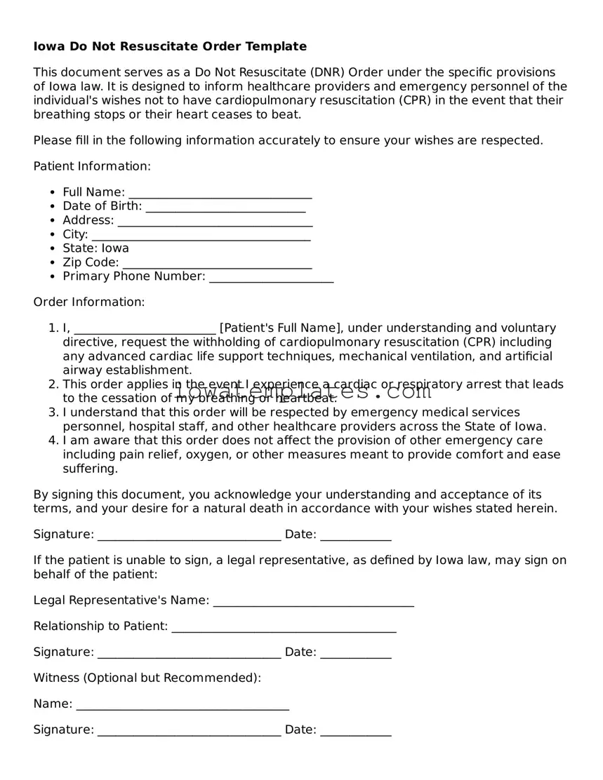 Attorney-Approved Do Not Resuscitate Order Form for the State of Iowa