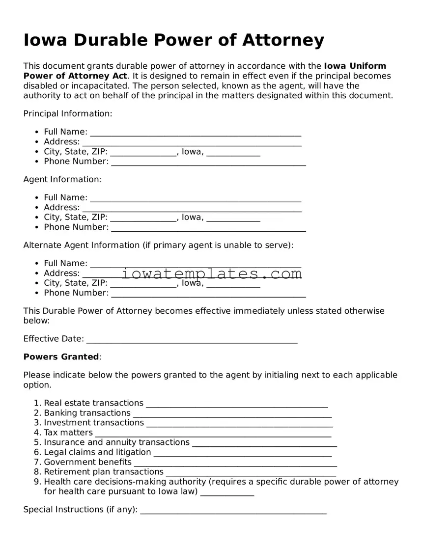 Attorney-Approved Durable Power of Attorney Form for the State of Iowa