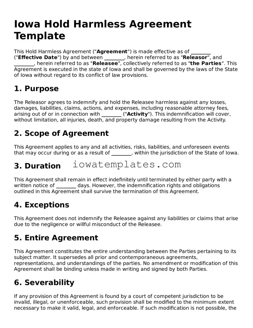 Attorney-Approved Hold Harmless Agreement Form for the State of Iowa