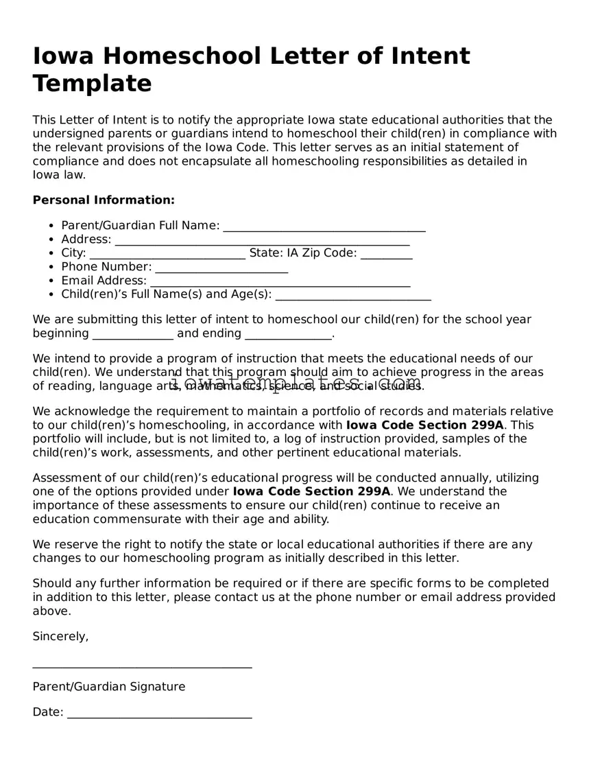 Attorney-Approved Homeschool Letter of Intent Form for the State of Iowa