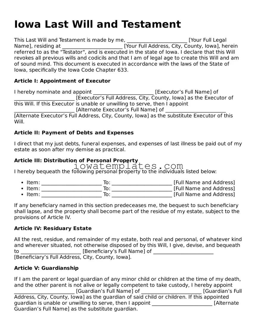 Attorney-Approved Last Will and Testament Form for the State of Iowa