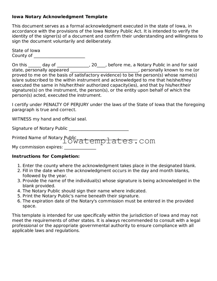 Attorney-Approved Notary Acknowledgement Form for the State of Iowa
