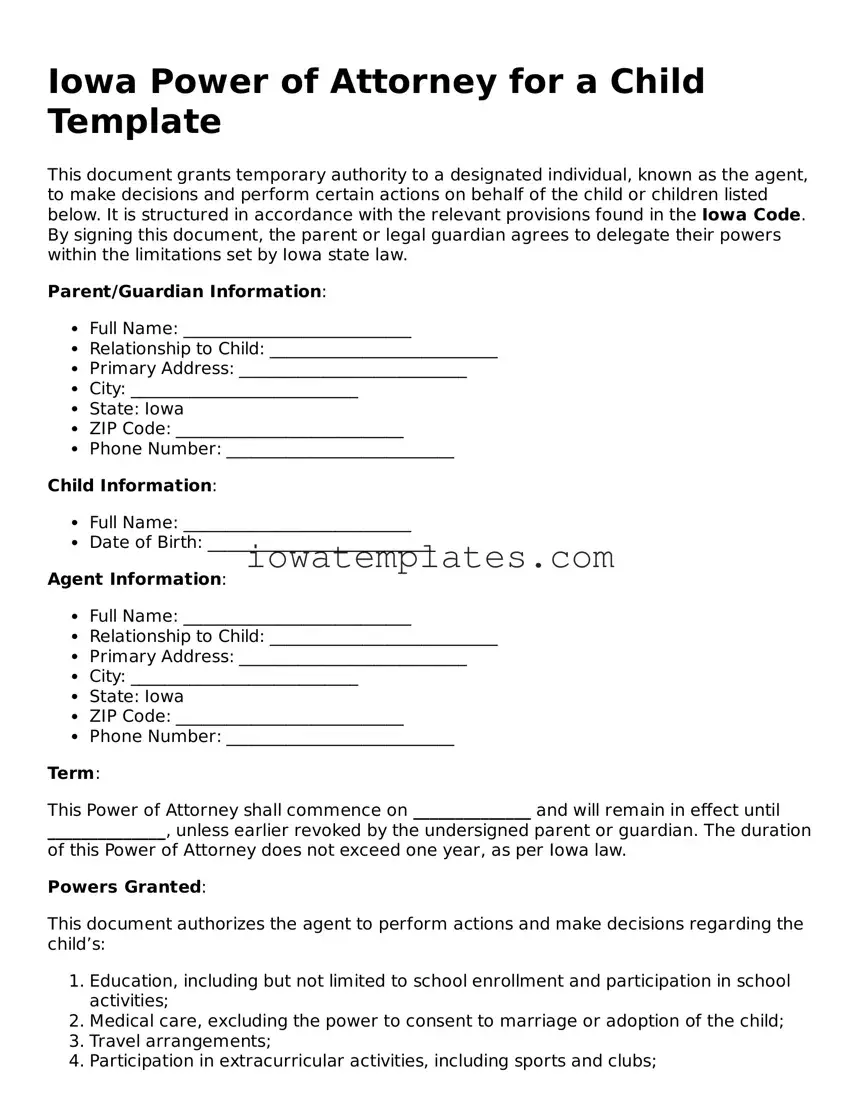 Attorney-Approved Power of Attorney for a Child Form for the State of Iowa