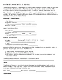 Attorney-Approved Motor Vehicle Power of Attorney Form for the State of Iowa
